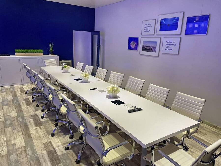 Conference room inside Mobileye's CES 2023 double-deck booth