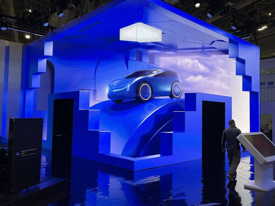 Vehicle shown on the curved video wall inside Mobileye's LED Cube at CES 2023