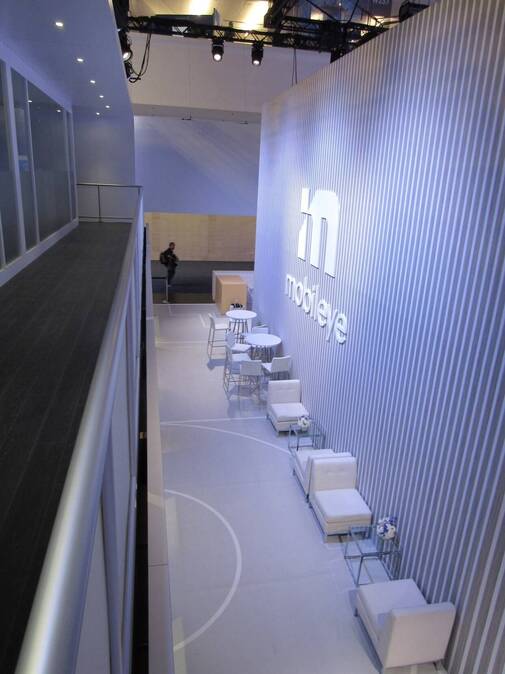 Upper deck walkway of Mobileye's double-deck booth at CES 2024