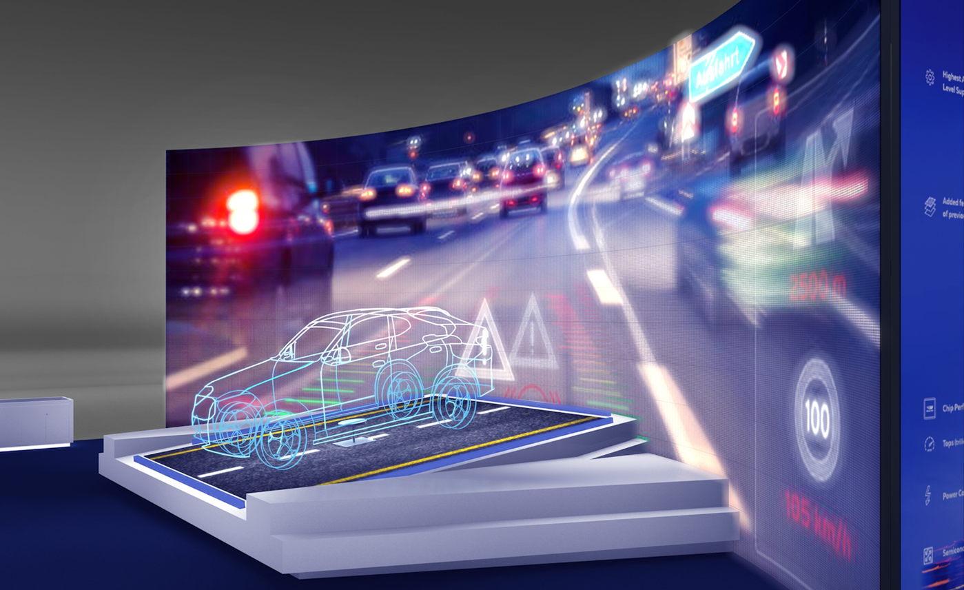 Design rendering of a Mobileye CES vehicle platform and curved LED wall by Exhibit Options Design rendering of a Mobileye CES vehicle platform and curved LED wall by Exhibit Options