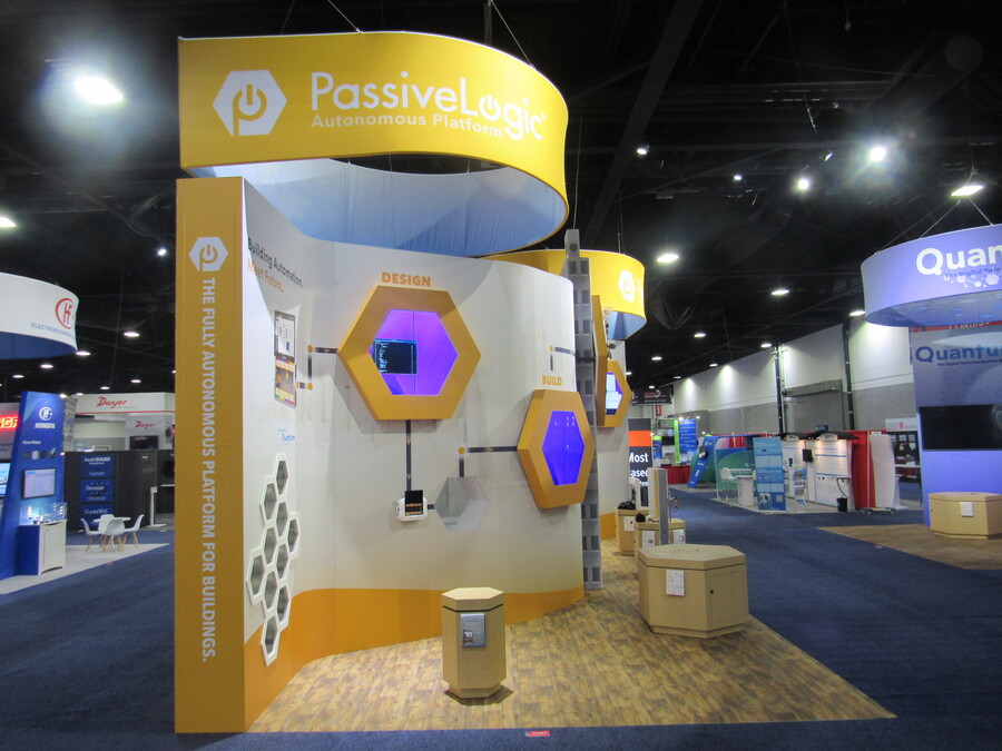 Lit hexagon product niches in PassiveLogic's AHR Expo booth